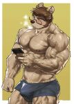  1boy abs animal_ear_request bara biceps blue_male_underwear boxer_briefs breath brown_fur brown_hair bulge cowboy_shot feet_out_of_frame furry furry_male glasses highres holding holding_phone large_pectorals long_sideburns male_focus male_underwear muscular muscular_male navel nipples original pectorals phone short_hair sideburns solo stomach sweat thick_eyebrows thick_thighs thighs topless_male underwear underwear_only veins wasp_(anthyutena) 