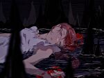  1girl bare_arms braid brown_hair cave chinese_commentary commentary_request death dress flower highres hishigata_tokiko jiangyoujiang509 long_hair looking_at_viewer lying on_back ophelia_(painting) partially_submerged petals petals_on_liquid purple_eyes red_flower red_rose rose short_sleeves single_braid solo stalagmite summertime_render tears unusually_open_eyes water white_dress 