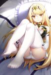  1girl bangs bare_shoulders blonde_hair blush breasts chest_jewel cleavage cleavage_cutout clothes_pull clothing_cutout dress earrings elbow_gloves feet foreshortening full_body gloves highres jewelry large_breasts legs legs_up long_hair looking_at_viewer lying mythra_(xenoblade) no_shoes on_back pantyhose pantyhose_pull revision rods short_dress solo swept_bangs tiara toes white_dress white_gloves white_pantyhose xenoblade_chronicles_(series) xenoblade_chronicles_2 yellow_eyes 