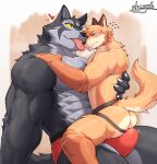  &lt;3 abs anthro blush bodily_fluids boxer_briefs boxers_(clothing) bulge canid canine canis clothing duo erection face_lick fur holding_partner jockstrap kamyuelo licking male male/male mammal multicolored_body multicolored_fur muscular muscular_male romantic romantic_couple saliva saliva_on_tongue size_difference teasing tongue tongue_out two_tone_body two_tone_fur underwear wolf 
