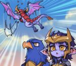  1girl :o alternate_ears alternate_form animal armor bird cloud colored_skin dragon dragon_tail flying heart horns league_of_legends open_mouth phantom_ix_row pink_skin pointy_ears quinn_(league_of_legends) red_armor shoulder_armor shyvana sky sweatdrop tail valor_(league_of_legends) wings yordle 