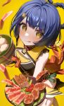  1girl :p absurdres bacon bare_shoulders blue_hair blush braid chinese_clothes food genshin_impact highres looking_at_viewer meat ningen_mame short_hair simple_background tongue tongue_out twin_braids xiangling_(genshin_impact) yellow_background yellow_eyes 