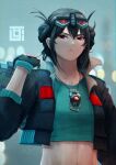  1girl absurdres alternate_color aqua_shirt black_hair black_jacket briefcase crop_top dark_persona decepticon double_bun eyewear_on_head frown genderswap genderswap_(mtf) hair_behind_ear hair_bun highres holding holding_briefcase humanization jacket jewelry kotobukiya_bishoujo kozsen_810290 looking_down matrix_of_leadership necklace nemesis_prime optimus_prime_(kotobukiya_bishoujo) shirt solo transformers upper_body 