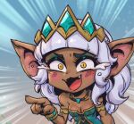  1girl :d alternate_ears alternate_form armlet bangs bare_shoulders blunt_bangs breasts cleavage dark-skinned_female dark_skin fangs grey_hair hair_ornament jewelry laughing league_of_legends long_hair necklace open_mouth orange_eyes phantom_ix_row pointing pointy_ears qiyana_(league_of_legends) shiny shiny_hair smile yordle 