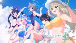  5girls ahoge animal_ear_fluff animal_ears ayane_(blue_archive) ayane_(swimsuit)_(blue_archive) bangs bare_shoulders bikini bikini_top_only black_bikini black_hair black_swimsuit blue-tinted_eyewear blue_archive blue_eyes bracelet breasts cat_ears cloud cloudy_sky commentary_request competition_swimsuit covered_navel cross_hair_ornament day extra_ears feet_out_of_frame flower frilled_bikini frills glasses green_eyes grey_hair hair_flower hair_ornament halo hat hat_flower heterochromia highres hoshino_(blue_archive) hoshino_(swimsuit)_(blue_archive) inflatable_toy jacket jewelry large_breasts light_brown_hair long_hair looking_ahead multicolored_clothes multicolored_swimsuit multiple_girls navel nonomi_(blue_archive) nonomi_(swimsuit)_(blue_archive) off-shoulder_bikini off_shoulder official_alternate_costume one-piece_swimsuit open_mouth orange_eyes outdoors parted_lips pink_hair pointy_ears red-framed_eyewear sakenomi_akane serika_(blue_archive) serika_(swimsuit)_(blue_archive) shiroko_(blue_archive) shiroko_(swimsuit)_(blue_archive) short_hair short_shorts shorts sky striped striped_bikini sun_hat swept_bangs swimsuit teeth tinted_eyewear twintails upper_teeth white_bikini white_headwear white_jacket yellow_bikini 
