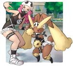  1girl animal_ears bandana bandana_over_mouth breasts cosplay eyeshadow jewelry legband looking_at_viewer lopunny makeup nark necklace pink_eyes pink_hair pointing pointing_at_self pokemon pokemon_(creature) pokemon_(game) pokemon_sm pose rabbit_ears red_eyes shorts standing tank_top team_skull team_skull_grunt team_skull_grunt_(cosplay) team_skull_uniform v-shaped_eyebrows white_shorts 