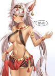  animal_ears armlet breasts dark_skin facial_tattoo grey_hair grin guardian_tales hairband highres ice_witch_lupina korean_text long_hair looking_at_viewer medium_breasts navel official_alternate_costume pikandong revealing_clothes smile speech_bubble tattoo twitter_username white_background wolf_ears wolf_girl yellow_eyes 