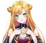  1girl black_nails blonde_hair breasts cleavage cleavage_cutout clothing_cutout colored_inner_hair detached_sleeves double_bun earrings green_eyes hair_bun hand_on_own_chest head_tilt highres jewelry medium_breasts mole mole_on_breast mole_under_eye multicolored_hair nijisanji nijisanji_kr pink_hair portrait seffyna smile solo touno_ikoma_p virtual_youtuber white_background 