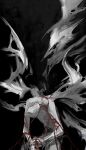  1boy black_background bloodborne completely_nude greyscale highres jiao_chang male_focus monochrome monster multiple_wings nude orphan_of_kos painterly red_rope rope slouching solo spot_color torn torn_wings wings 