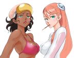  2girls aida_rayhunton aobito_sukayaka_bystander bikini blush breasts brown_hair cleavage collarbone confused dark-skinned_female dark_skin food food_in_mouth from_side goggles goggles_on_head green_eyes gundam gundam_g_no_reconguista hair_behind_ear highres looking_at_viewer medium_breasts multiple_girls orange_hair pink_bikini pocky steer swimsuit white_background 