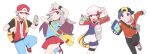  2boys 2girls backpack backwards_hat bag baseball_cap black_pants black_wristband blue_pants blue_shirt blue_socks brown_eyes brown_hair bucket_hat cabbie_hat commentary_request ethan_(pokemon) grey_bag hair_flaps hat highres holding jacket leaf_(pokemon) long_hair long_sleeves loose_socks lyra_(pokemon) messenger_bag multiple_boys multiple_girls pants pleated_skirt pokemon pokemon_(game) pokemon_frlg pokemon_hgss pumpkinpan red_(pokemon) red_headwear red_jacket red_skirt shirt shoes short_hair shoulder_bag skirt sleeveless sleeveless_jacket sleeveless_shirt socks spiked_hair t-shirt thighhighs twintails white_footwear white_headwear wristband yellow_bag zipper_pull_tab 