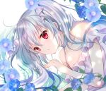  1girl bangs bare_shoulders blue_flower collarbone commentary dress flower grey_hair hair_between_eyes hand_up long_hair off-shoulder_dress off_shoulder original parted_lips red_eyes shirogane_hina solo symbol-only_commentary twintails upper_body white_background white_dress 