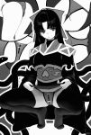  1girl :/ bangs bow closed_mouth greyscale hair_bow highres lifted_by_self long_hair long_sleeves looking_at_viewer mato_seihei_no_slave monochrome panties pantyshot parted_bangs shikoku_(mato_seihei_no_slave) slit_pupils snake solo songchuan_li squatting thighhighs toes underwear 