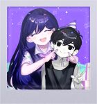  1boy 1girl black_eyes black_hair blush cheek_poking colored_skin confetti hat index_fingers_raised long_hair looking_at_viewer mari_(omori) omori omori_(omori) party_hat photo_(object) poking shionty short_hair short_sleeves smile tank_top teeth upper_teeth v white_skin 