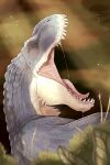  absurd_res ambiguous_gender blurred_background blurred_foreground bodily_fluids dinosaur eyes_closed feral glistening glistening_tongue grey_body grey_scales hi_res imperatorcaesar leaf open_mouth reptile saliva saliva_string scales scalie sharp_teeth side_view solo tan_body tan_scales teeth tongue yawn 