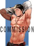  1boy abs arms_behind_head bara black_hair blush commission cowboy_shot cross cross_necklace cross_scar earrings fishnets groin highres jewelry large_pectorals looking_at_viewer male_focus multicolored_hair muscular muscular_male navel navel_hair necklace nipples original pectorals scar scar_on_chest short_hair single_sleeve solo stomach sweatdrop topless_male two-tone_hair undressing wasp_(anthyutena) watermark 