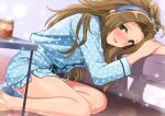  1girl alcohol arm_rest bare_legs blush brown_hair forehead full-face_blush green_eyes hanamasa_ono head_rest highres idolmaster idolmaster_million_live! indoors leaning_on_object looking_at_viewer nikaidou_chizuru pajamas polka_dot polka_dot_pajamas polka_dot_shorts shorts sitting solo whiskey yokozuwari 