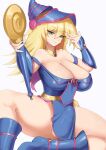  1girl absurdres bare_shoulders blonde_hair blue_footwear blue_headwear breasts bulge closed_mouth collarbone dark_magician_girl duel_monster erection erection_under_clothes eyelashes futanari gem green_eyes grey_background hair_between_eyes half-closed_eyes hat highres holding holding_wand large_breasts long_hair looking_at_viewer magician naka_(umomoko) off_shoulder pentagram red_gemstone simple_background sitting smile solo testicles wand yu-gi-oh! 