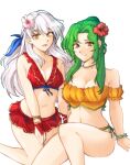  2girls :d absurdres bangs bare_shoulders bikini bikini_skirt blush breasts brown_eyes cleavage collarbone elincia_ridell_crimea fingerless_gloves fire_emblem fire_emblem:_radiant_dawn fire_emblem_heroes flower gloves green_hair grey_hair hair_flower hair_ornament hair_ribbon hibiscus highres large_breasts long_hair looking_at_viewer medium_breasts micaiah_(fire_emblem) miniskirt multiple_girls navel off-shoulder_bikini off_shoulder official_alternate_costume open_mouth orange_bikini orange_swimsuit red_bikini red_gloves red_swimsuit ribbon side-tie_bikini simple_background sitting skirt smile swimsuit transparent_background tridisart wristband yellow_eyes 