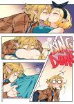  1boy 1girl bare_shoulders blonde_hair blue_dress blue_eyes breasts carrying closed_eyes couple dress elf english_text hetero highres interrupted kiss link lying on_back pointy_ears princess_carry princess_zelda snegovski speech_bubble surprised the_legend_of_zelda wide-eyed 