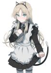  absurdres an-94_(girls&#039;_frontline) animal_ear_legwear animal_ears apron bad_id bad_pixiv_id bangs black_dress black_ribbon blonde_hair blue_eyes cat_ears cat_tail clothes_pull dress dress_pull fake_animal_ears fake_tail frilled_apron frills fuku00 girls&#039;_frontline hair_ribbon highres holding holding_tray long_hair long_sleeves looking_at_viewer maid maid_apron neck_ribbon pantyhose parted_bangs pleated_dress puffy_sleeves ribbon sidelocks simple_background smile tail tray white_background white_pantyhose white_ribbon 