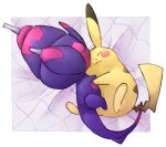  blush_stickers closed_eyes colored_skin dot_nose hug lying nark no_humans on_bed pikachu pointy_ears poipole pokemon pokemon_(creature) purple_skin sleeping smile tail ultra_beast yellow_fur 