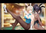  0.7_(aysatnegr) 2girls absurdres animal_ears asuna_(blue_archive) asuna_(bunny)_(blue_archive) bangs bare_arms bare_back bare_shoulders between_breasts black_hair black_leotard blonde_hair blue_archive blue_bow blue_bowtie blue_leotard blue_ribbon blurry blurry_background bow bowtie breasts card card_between_breasts casino casino_card_table chinese_commentary closed_mouth dark-skinned_female dark_skin detached_collar eyes_visible_through_hair fake_animal_ears fishnet_legwear fishnets gloves hair_over_one_eye hair_ribbon high_heels high_ponytail highleg highleg_leotard highres indoors karin_(blue_archive) karin_(bunny)_(blue_archive) large_breasts leg_up leotard long_hair looking_at_viewer mole mole_on_breast multiple_girls official_alternate_costume one_eye_closed open_mouth pantyhose playboy_bunny ribbon side-tie_leotard sidelocks sitting stool strapless strapless_leotard swept_bangs teeth very_long_hair white_footwear white_gloves yellow_eyes 