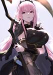  1girl bangs black_cape black_dress breasts cape cleavage_cutout clothing_cutout dress harutask highres holding hololive hololive_english large_breasts long_hair looking_at_viewer mori_calliope nail_polish pink_eyes pink_hair red_eyes scythe solo tiara veil virtual_youtuber 