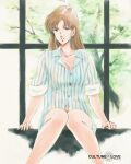  1980s_(style) breasts brown_hair choujikuu_yousai_macross cleavage green_eyes hayase_misa highres long_hair macross macross:_do_you_remember_love? naked_shirt retro_artstyle robotech shirt sitting smile tree waeba_yuusee window 