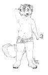  2022 anthro black_and_white bottomwear cheek_tuft claws clothing dated eyebrows facial_tuft famir_(artist) fluffy fluffy_tail front_view glistening glistening_eyes hand_behind_head hi_res male mammal monochrome nipples procyonid raccoon shoulder_tuft shy signature simple_background sketch smile solo standing tuft white_claws 