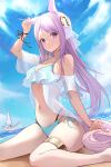  1girl animal_ears bangs bikini blush boat breasts highres horse_ears horse_girl horse_tail long_hair looking_at_viewer medium_breasts mejiro_mcqueen_(umamusume) midriff navel ocean purple_eyes purple_hair see-through solo swimsuit tail thick_thighs thighs toki_(rumukio) umamusume watercraft 