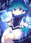  1girl android blue_eyes bodysuit charu_(saru_getchu) closed_mouth green_hair joints kei_15 long_hair looking_at_viewer ponytail robot_ears robot_joints saru_getchu smile solo 