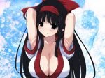  1girl ainu_clothes armpits black_eyes black_hair blush bow breasts cleavage headband hirowa_nagi large_breasts long_hair nakoruru red_bow samurai_spirits short_sleeves solo sweat sweatdrop 