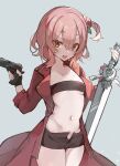  1girl :d coat cosplay dante_(devil_may_cry) dante_(devil_may_cry)_(cosplay) devil_may_cry_(series) devil_may_cry_3 flower gun hair_flower hair_ornament handgun highres medium_hair midriff navel nijisanji nijisanji_en oimo_0imo pink_hair red_eyes rosemi_lovelock short_shorts shorts side_ponytail smile solo strapless sword tube_top virtual_youtuber weapon 