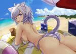  1girl absurdres ahoge animal_ear_fluff animal_ears ass bangs beach beach_umbrella blush breasts cat_ears cat_girl cat_tail fang hair_between_eyes highres hololive large_breasts looking_at_viewer lotion lying nekomata_okayu ocean on_stomach open_mouth purple_eyes purple_hair shade short_hair smile solo sunscreen swimsuit tail thighs umbrella virtual_youtuber zeiss 