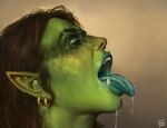  2022 absurd_res bodily_fluids brown_hair ear_piercing facial_scar female green_body green_skin hair hi_res humanoid humanoid_pointy_ears justsomenoob not_furry open_mouth orc piercing saliva scar solo teeth tongue tongue_out 