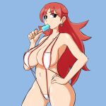  1girl bangs bikini blue_background braid breasts cleavage cowboy_shot earrings eating food french_braid fupoo hand_on_hip holding holding_food jewelry large_breasts long_hair looking_at_viewer mega_man_(series) mega_man_battle_network ms._madd_(mega_man) navel popsicle red_hair shadow simple_background slingshot_swimsuit solo swimsuit very_long_hair white_bikini 