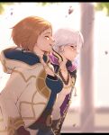  1boy 1girl absurdres blush breasts brown_hair cleavage closed_eyes evomanaphy fire_emblem fire_emblem_heroes grima_(fire_emblem) highres jacket kiran_(fire_emblem)_(female) looking_at_another red_eyes robin_(fire_emblem) robin_(fire_emblem)_(male) smile white_hair white_jacket 