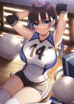  1girl armpits arms_behind_head arms_up bangs black_shorts blue_eyes blush breasts brown_hair closed_mouth commentary_request double_vertical_stripe elbow_pads gym_uniform indoors jersey large_breasts legs_together long_hair looking_at_viewer melonbooks number_print original parted_bangs shirt shoes short_shorts shorts side_ponytail sidelocks sitting sleeveless sleeveless_shirt solo sportswear sunlight sweat sweatdrop thick_thighs thighhighs thighs uniform v-shaped_eyebrows volleyball volleyball_uniform wet white_thighhighs wooden_floor xe_(execut3r) 