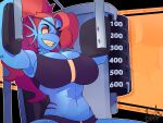  absurd_res anthro big_breasts blue_body bra breasts clothed clothing exercise eye_patch eyeshadow eyewear female fish hair hi_res humanoid makeup marine ponytail red_hair shoolmail solo sports_bra teeth undertale undertale_(series) underwear undyne video_games workout yellow_sclera 