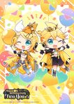  1boy 1girl artist_name balloon black_shorts blonde_hair blue_eyes bunting character_name clothing_cutout copyright copyright_name english_text full_body highres holding holding_balloon kagamine_len kagamine_rin kagamine_rin/len_happy_14th_birthday micro_shorts nokuhashi official_alternate_costume official_art second-party_source shorts stomach_cutout two_you_(vocaloid) vocaloid 