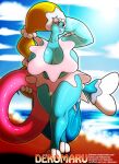  anthro beach big_breasts blonde_hair blue_body breasts clothed clothing dekomaru diamond_breeze female hair hi_res inflatable inner_tube nintendo pink_nose pok&eacute;mon pok&eacute;mon_(species) primarina seaside solo video_games 