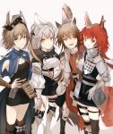 4girls absurdres animal_ears arknights armor armor_removed armored_boots artist_name ashlock_(arknights) bird_girl black_shirt black_skirt blue_jacket boots breasts brown_hair cleavage cleavage_cutout clothing_cutout commentary_request dress ear_covers ear_tag earpiece fartooth_(arknights) feet_out_of_frame flametail_(arknights) gauntlets gloves grey_eyes grey_hair gupipy hair_between_eyes hand_on_hip helmet highres horse_ears horse_girl jacket kneehighs knight looking_at_viewer multiple_girls open_mouth orange_dress orange_eyes red_hair shirt short_hair simple_background skirt small_breasts socks squirrel_ears squirrel_girl squirrel_tail standing tail thigh_strap thighhighs visor_(armor) visor_lift white_background white_shirt wild_mane_(arknights) yellow_eyes 