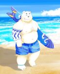  2022 anthro beach belly big_belly black_nose bottomwear clothing detailed_background hi_res humanoid_hands kemono male mammal moobs morino8484 nipples one_eye_closed outside overweight overweight_male polar_bear seaside shorts solo surfboard swimwear tattoo ursid ursine water wink 