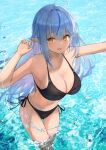  1girl :d bangs bikini black_bikini blue_hair breasts cleavage happy highres hololive in_water large_breasts looking_at_viewer navel open_mouth pointy_ears smile solo splashing swimsuit thigh_gap thighs wet xyunx yellow_eyes yukihana_lamy 