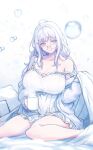  1girl babydoll bangs blush breasts cardigan cleavage commentary_request cup glasses highres holding holding_cup huge_breasts indie_virtual_youtuber lingerie long_hair mi2mi2_minmi mug off_shoulder open_cardigan open_clothes parted_lips purple_eyes simple_background sitting solo steam underwear very_long_hair virtual_youtuber water_drop white_babydoll white_cardigan white_hair yomi_tsumugiha 