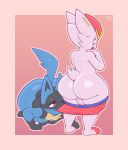  ambiguous_gender anthro anthro_on_anthro assisted_exposure backsack balls big_butt blue_body blue_fur bottomwear bottomwear_down butt cinderace clothed clothing duo frumples fur genitals hi_res huge_butt lucario male nintendo pants pants_down pantsing partially_clothed pok&eacute;mon pok&eacute;mon_(species) topless video_games white_body white_fur 