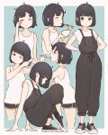  1girl 1ssakawaguchi absurdres ahoge arm_support arms_behind_back black_hair bob_cut brushing_hair brushing_teeth chopsticks closed_eyes eating highres messy_hair multiple_views one_eye_closed original overalls rubbing_eyes shoes short_hair short_shorts shorts sleepy sneakers tank_top 