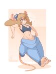  absurd_res anthro blue_eyes bra breasts chip_&#039;n_dale_rescue_rangers cigarette clothing disney eyewear female gadget_hackwrench goggles hair hi_res humanoid leaning long_hair low-riding mammal mouse mouse_ears murid murine navel rodent shoolmail solo sports_bra underwear wide_hips 