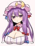  1girl bangs blue_bow blunt_bangs bow bowtie breasts bun_cover cleavage double_bun dress hair_bow hair_bun hat hat_bow highres large_breasts long_hair mob_cap neck_ribbon patchouli_knowledge purple_dress purple_eyes purple_hair purple_headwear red_bow red_bowtie red_ribbon ribbon solo striped striped_dress suwa_yasai touhou vertical-striped_dress vertical_stripes very_long_hair 